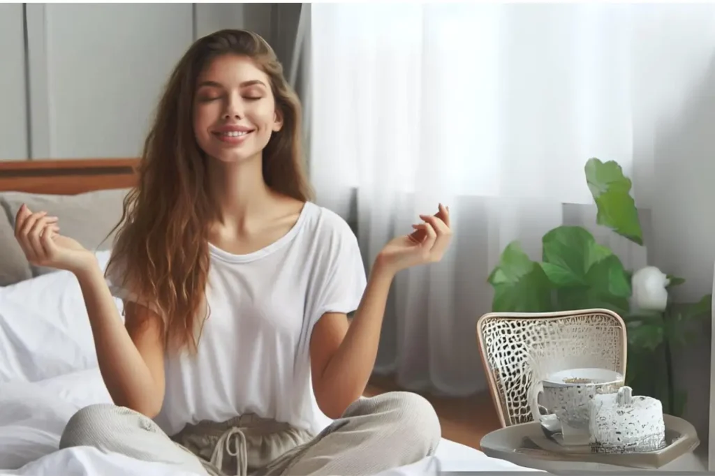 Mujer meditando en cama, taza de té al lado.