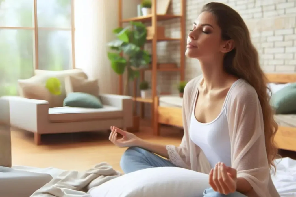 Mujer meditando en salón luminoso y tranquilo.